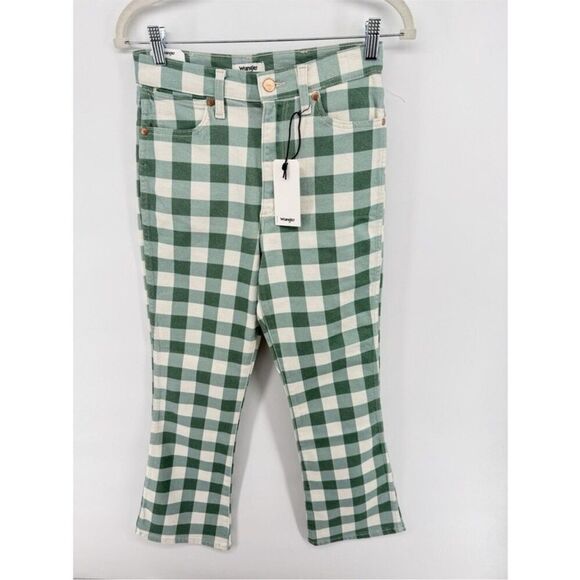 WRANGLER Wrock Gingham Flare Green Checkered Denim Pants Sz 27 - Picture 4 of 5